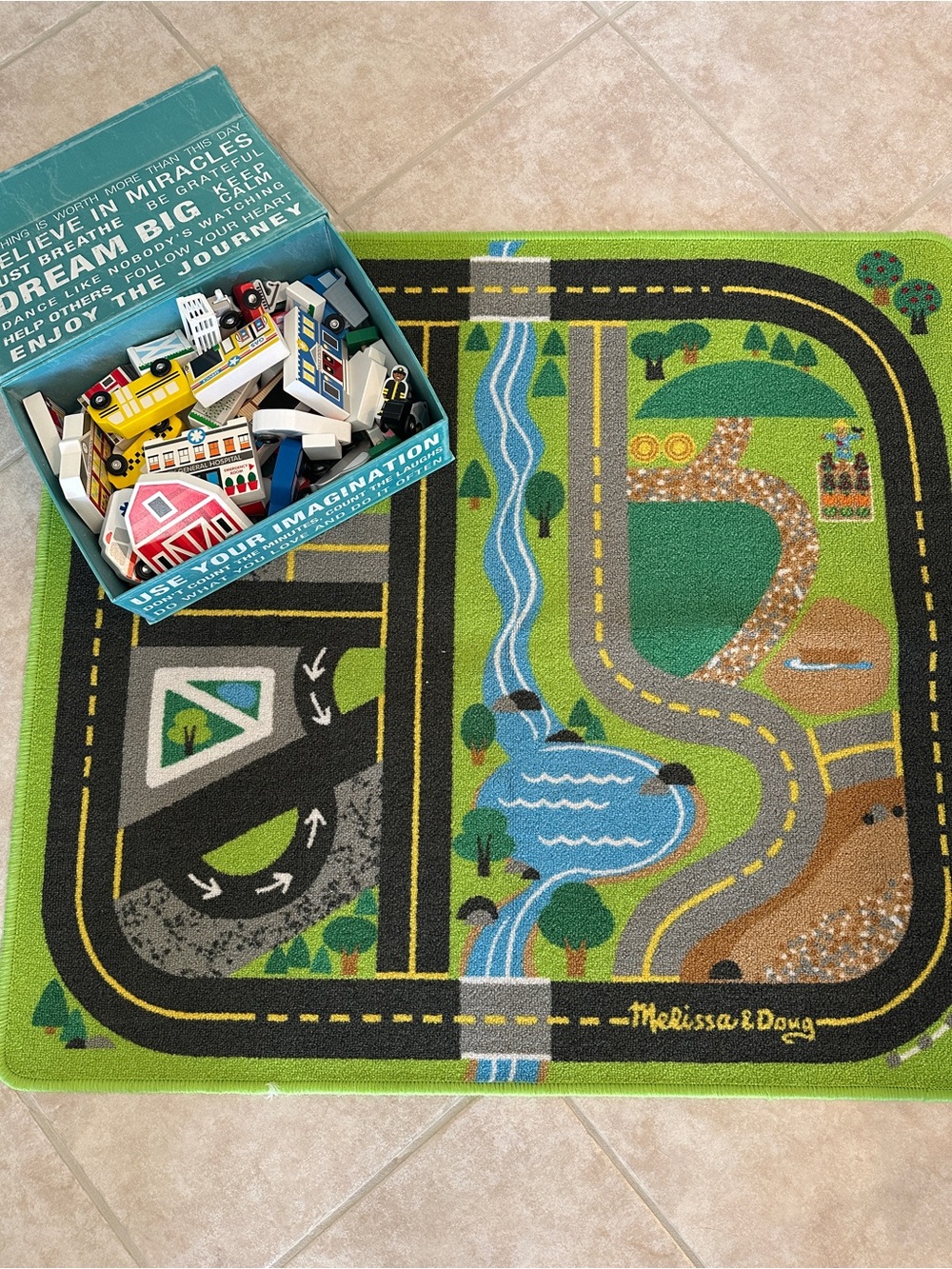 Melissa & Doug Green Road Play Rug with Town and River
